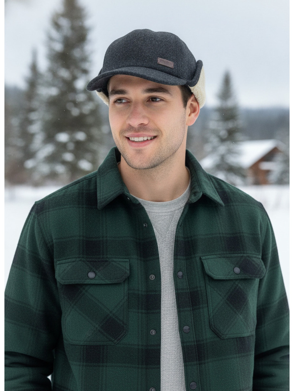 Woolrich Men Dark Gray Wool Blend Winter Cap Ear Flaps Fleece Lined Trapper Hat